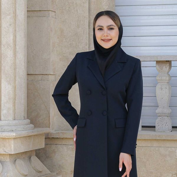 مانتو شلوار اداری شاهین دوخت مدل چهار دکمه پارچه‌ای کد 4012