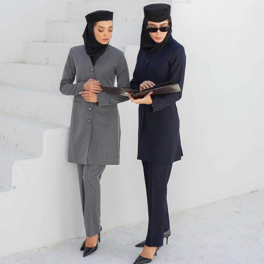 مشخصات مانتو شلوار اداری شاهین دوخت مدل یقه ایستاده کد 9099