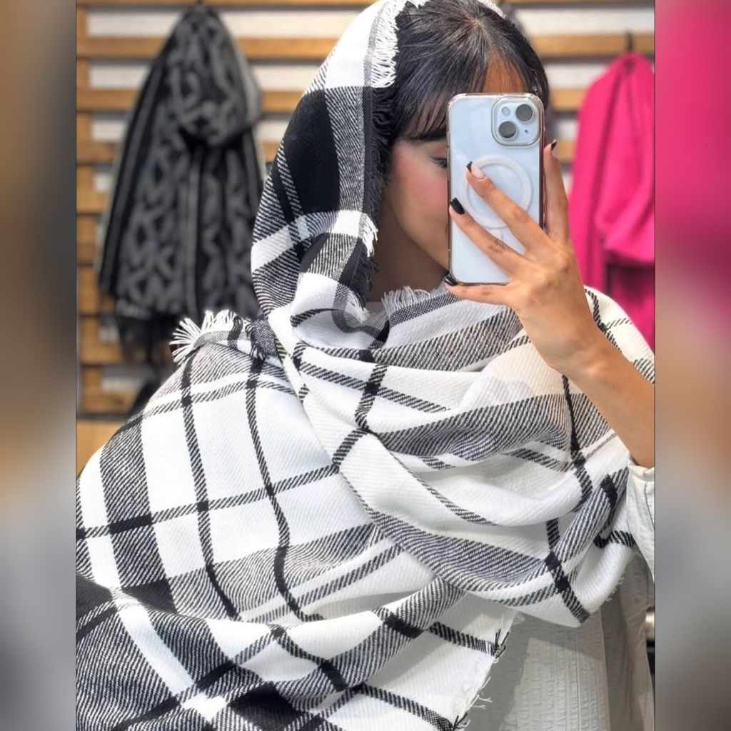 خرید انلاین شال موهر زمستانه چهارخونه دوررو