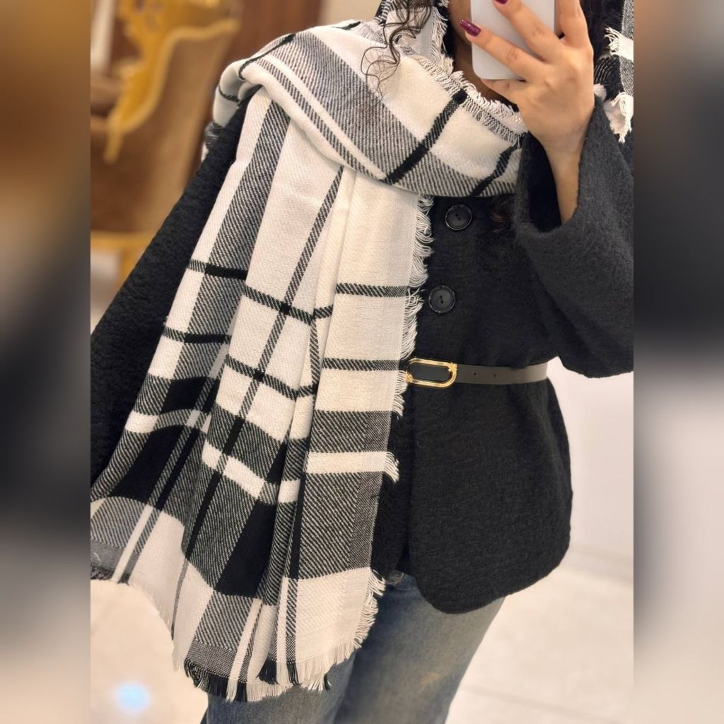 خرید آنلاین شال موهر زمستانه چهارخونه دوررو