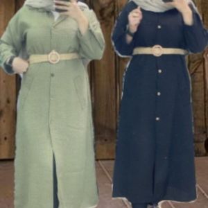 مانتو بلند شانتون جلو دکمه کمر بند کنفی