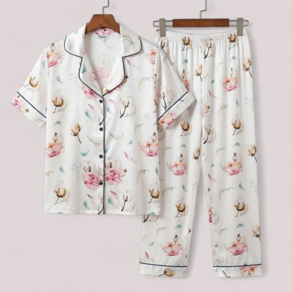 قیمت شومیز وشلوار ساتن ابریشم زنانه طرح گل پنبه