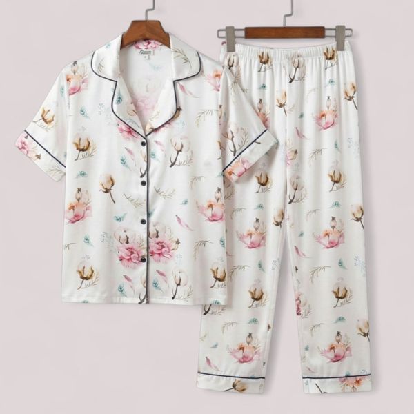 شومیز وشلوار ساتن ابریشم زنانه طرح گل پنبه