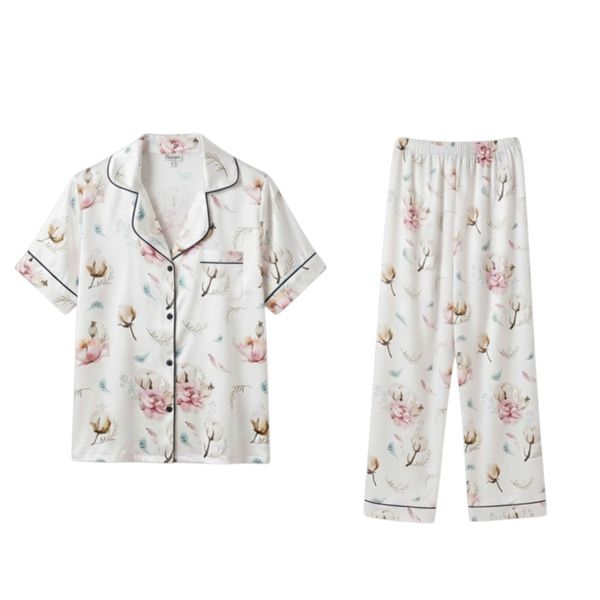 شومیز وشلوار ساتن ابریشم زنانه طرح گل پنبه