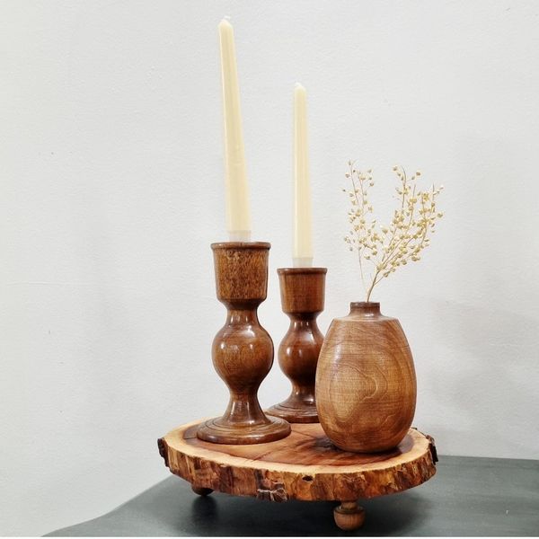 ست جاشمعی و گلدان چوبی