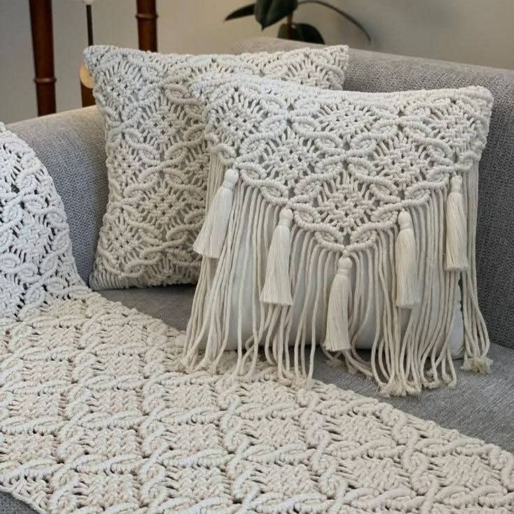 فروش اینترنتی ست دو عددی کاور کوسن مکرومه با شال مبل