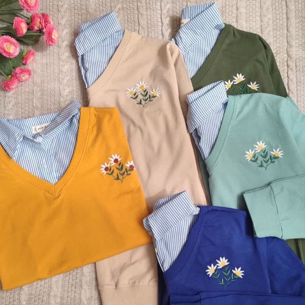 بلوز دورس زنانه آستین بلند یقه مردانه گلدوزی شده بابونه ماهو