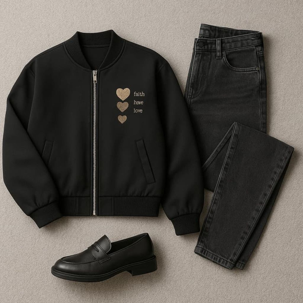 قیمت ارزان بامبر زنانه گلدوزی 3 قلب - مشکی