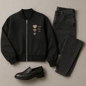 قیمت ارزان بامبر زنانه گلدوزی 3 قلب - مشکی