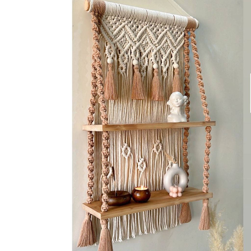 خرید اینترنتی اویز مکرومه بافی مدرن شلف چوبی