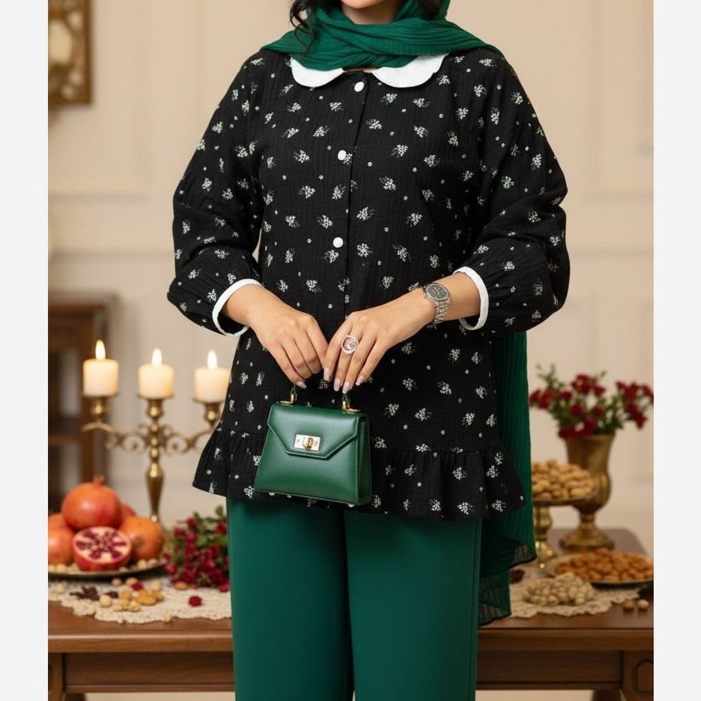 قیمت ارزان شومیز مانتویی کرپ آیوا تخفیف یلدایی مشکی