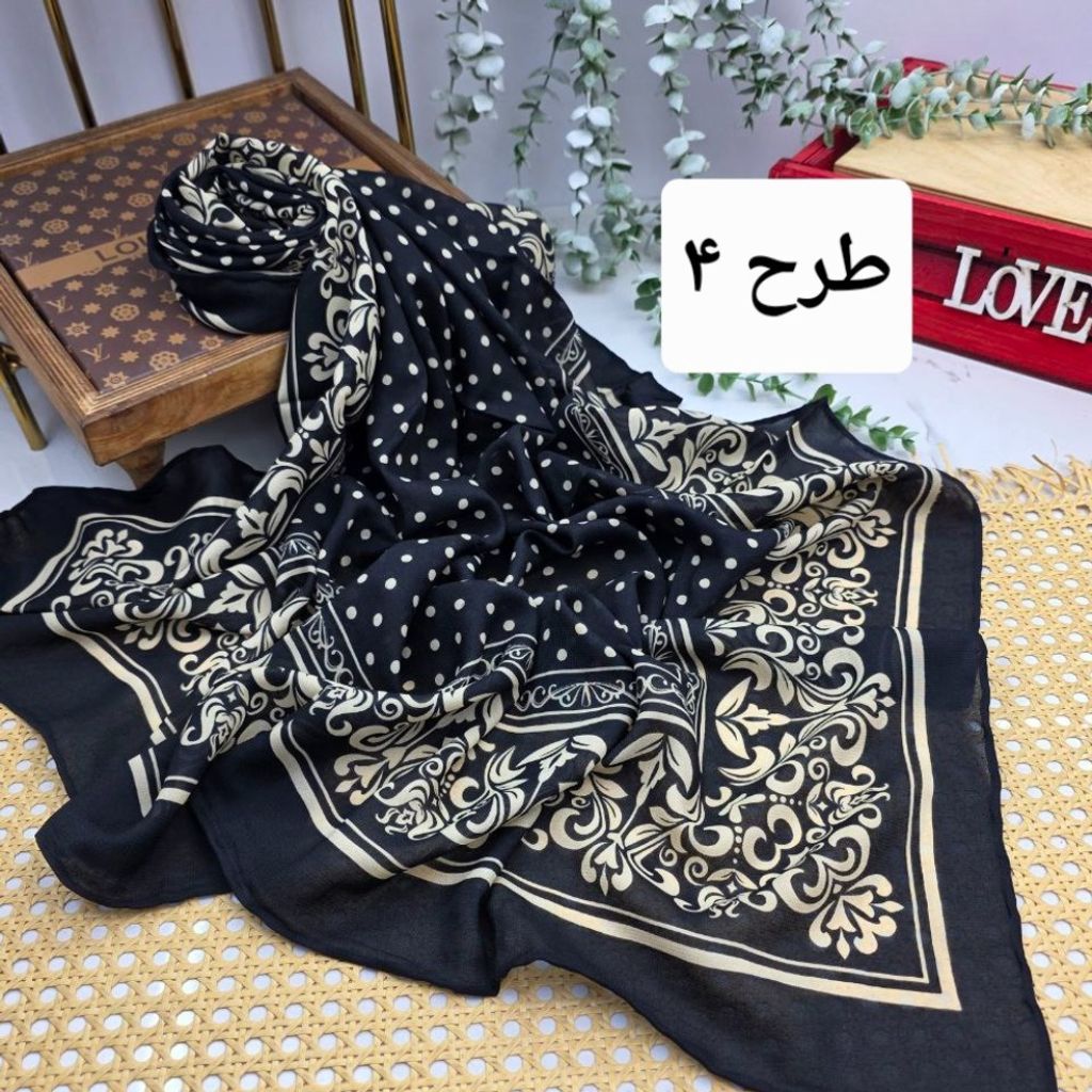 خرید اینترنتی روسری کرپ نخ مشکی کرم قواره 110