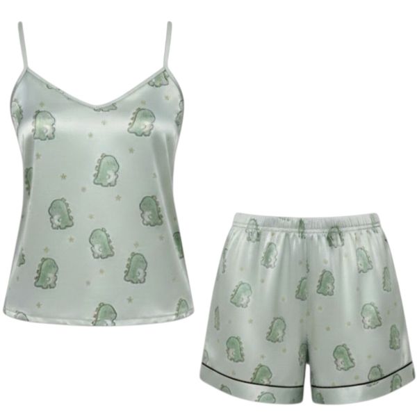 تاپ و شلوارک ساتن ابریشم زنانه طرح دایناسور