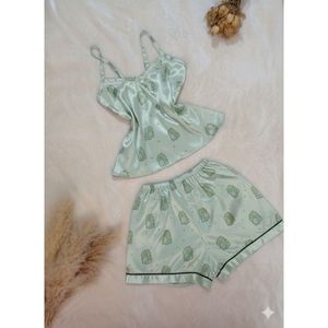 تاپ و شلوارک ساتن ابریشم زنانه طرح دایناسور