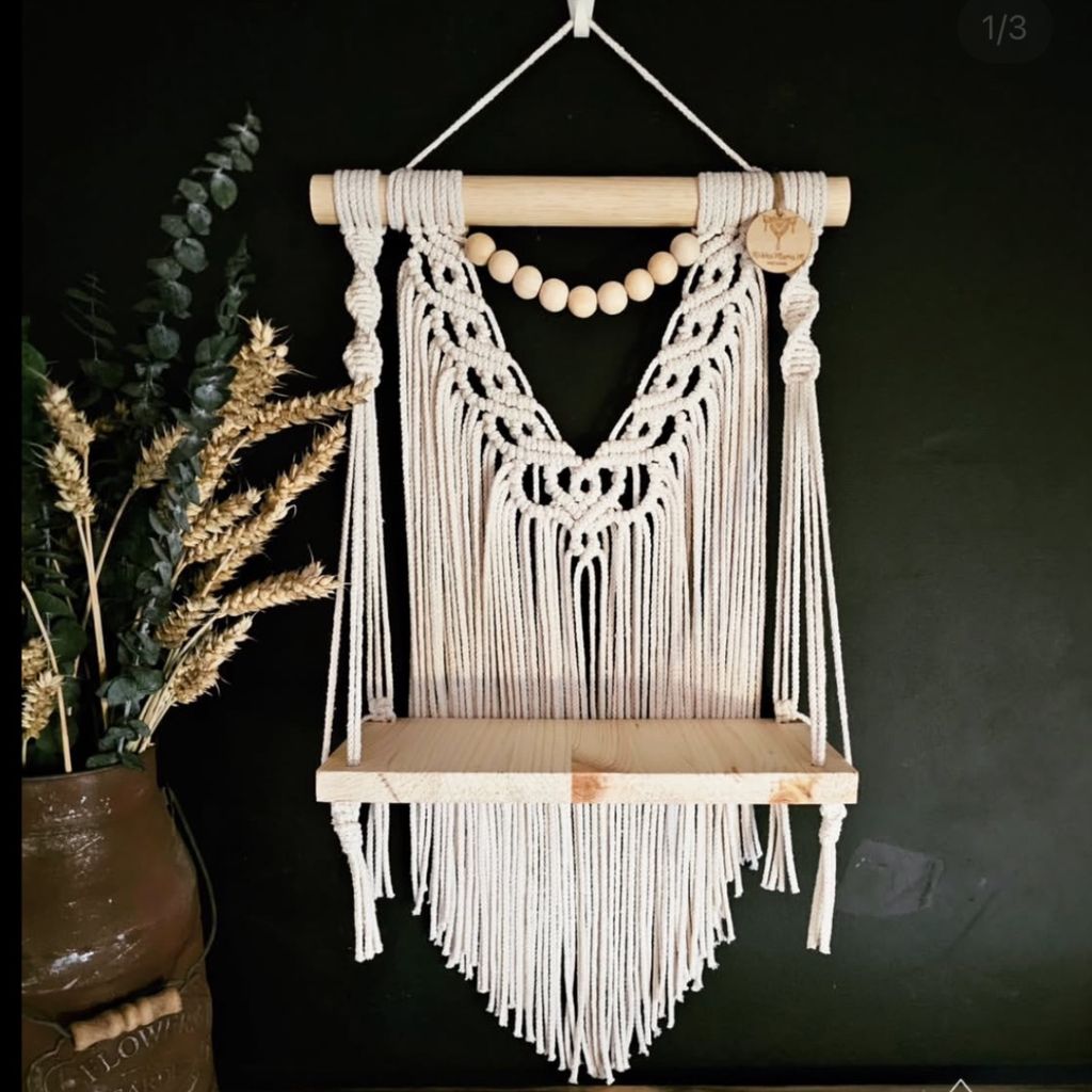 خرید انلاین دیوارکوب اویز مکرومه شلف چوبی‌مدل خورشید