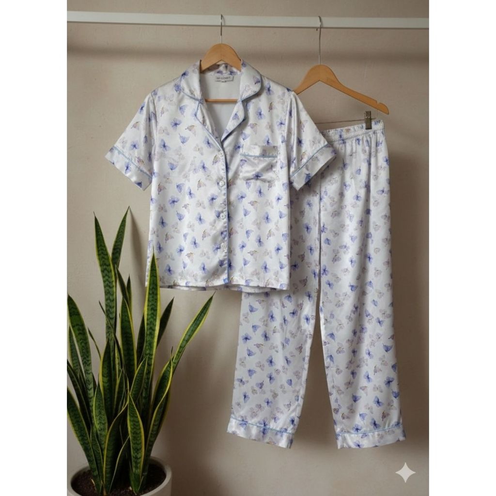 خرید اینترنتی شومیز وشلوار ساتن ابریشم زنانه طرح پروانه آبی