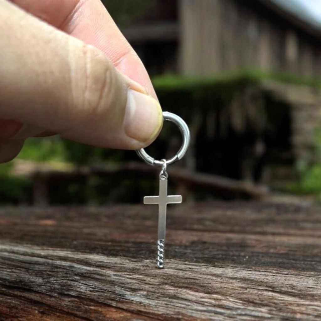قیمت ارزان پیرسینگ مردانه حلقه ای آویزی زنجیر و صلیب کد 3334010