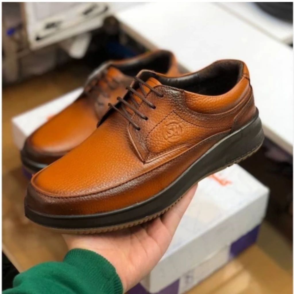 قیمت ارزان کفش چرم مردانه بندی طبی شامی عسلی