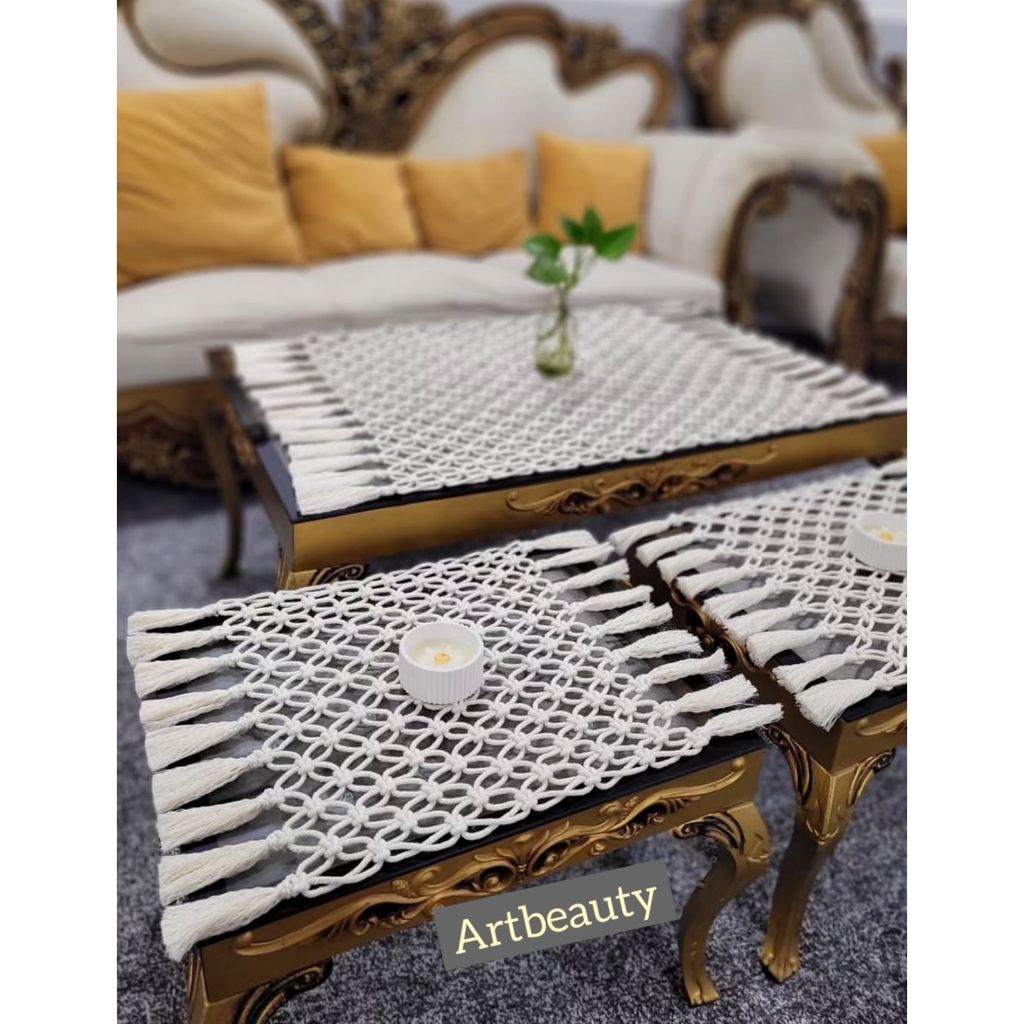 خرید انلاین ست رانر سه تکه مکرومه عسلی و میز