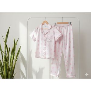 شومیز وشلوار ساتن ابریشم زنانه طرح پروانه صورتی