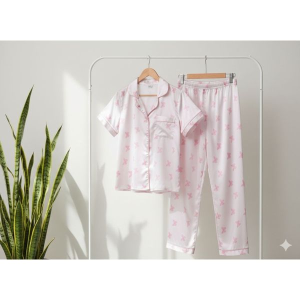 شومیز وشلوار ساتن ابریشم زنانه طرح پروانه صورتی