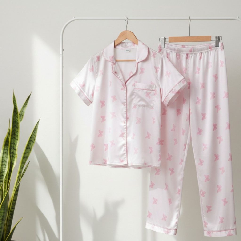 فروش اینترنتی شومیز وشلوار ساتن ابریشم زنانه طرح پروانه صورتی