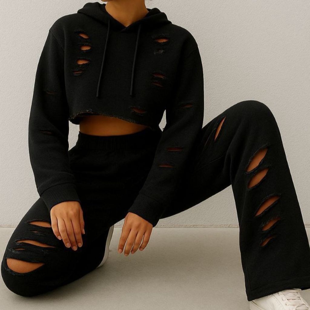 مشخصات ست کراپ و سلوار زاپدار کلاه دار