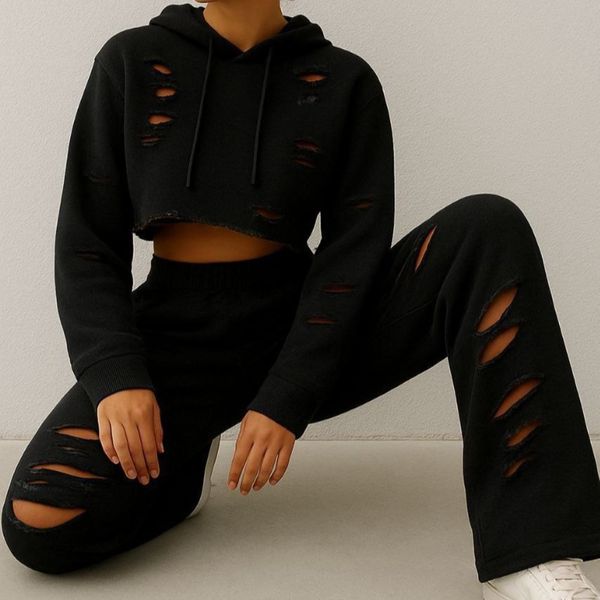 ست کراپ و شلوار زاپدار کلاه دار