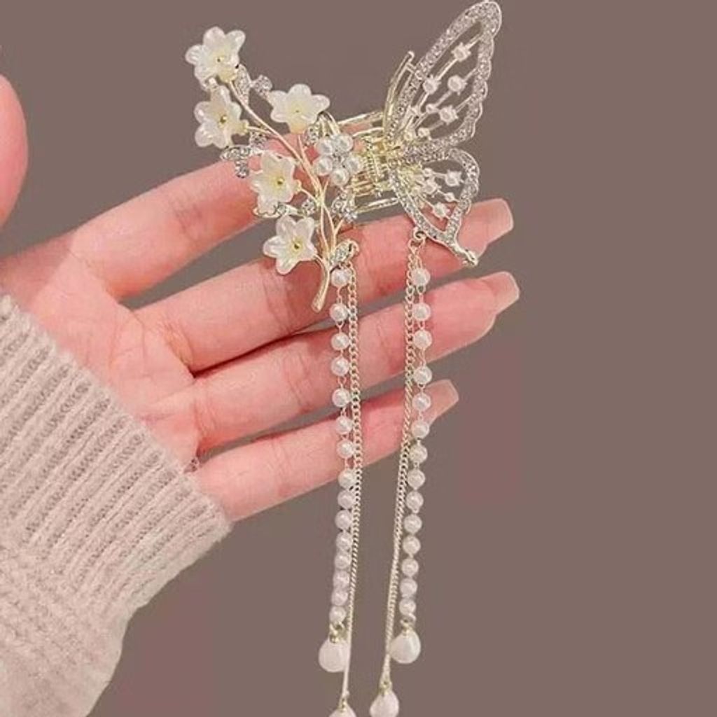 خرید اینترنتی قیمت کلیپس مجلسی فلزی پروانه آویزدار شکوفه سفید وارداتی