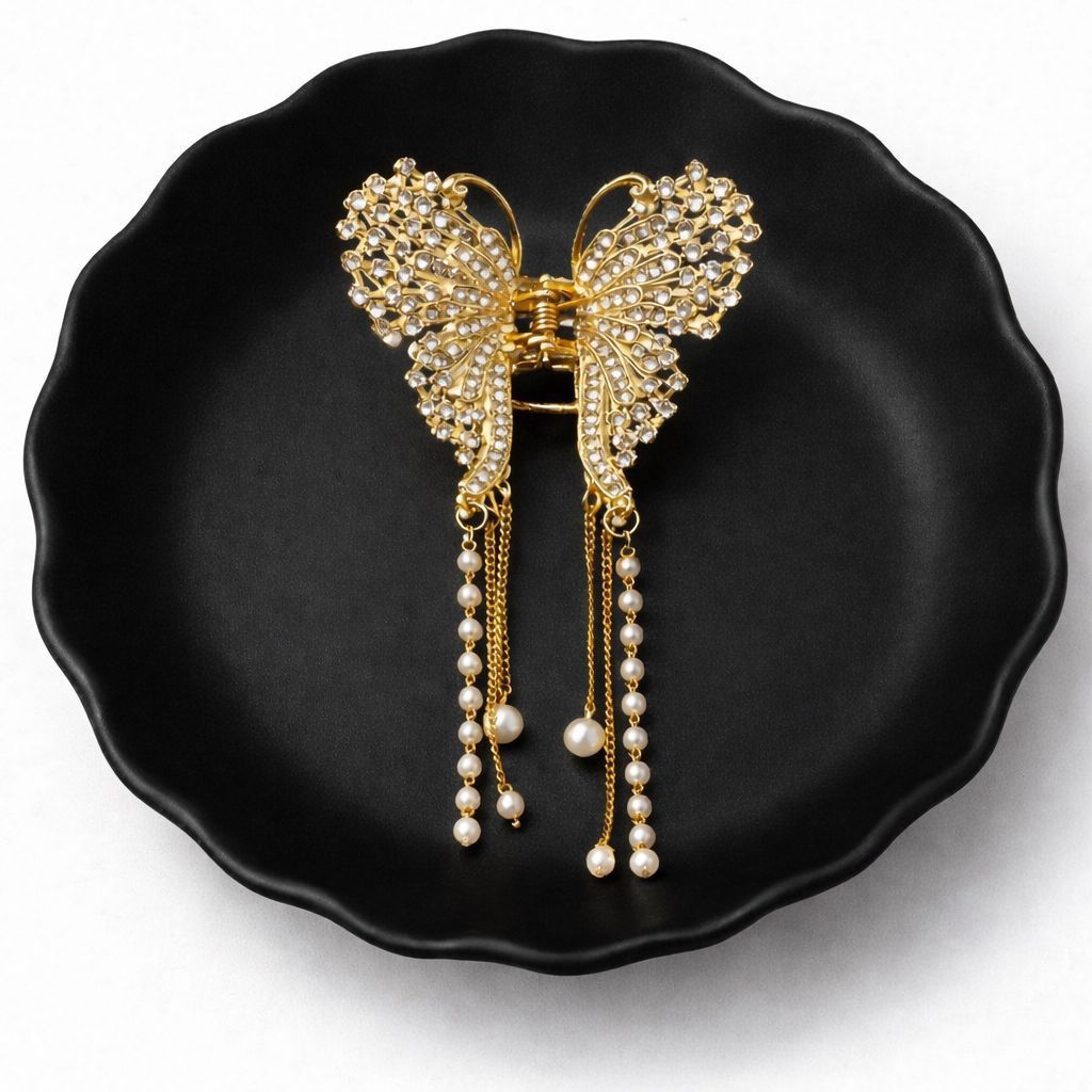 خرید اینترنتی کلیپس مجلسی فلزی پروانه نگینی آویزدار