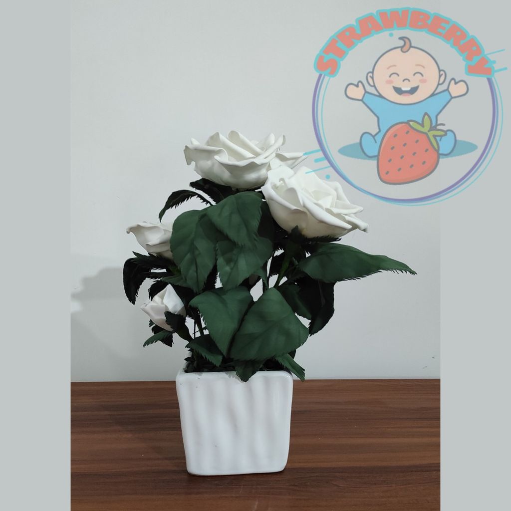 قیمت گل رز سفید مصنوعی با گلدون سفید از جنس فوم ارتفاع 30 سانتی