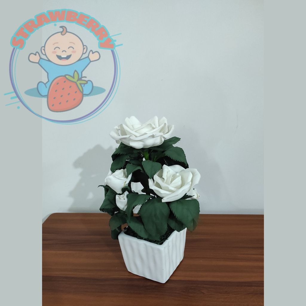 قیمت گل رز سفید مصنوعی با گلدون سفید از جنس فوم ارتفاع 30 سانتی