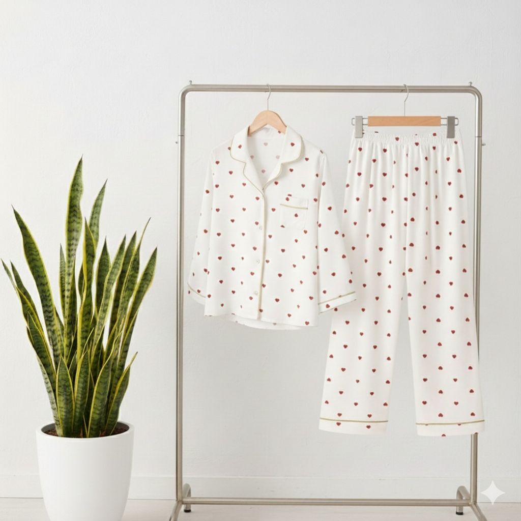 قیمت ارزان شومیز وشلوار ساتن ابریشم زنانه طرح قلب قرمز