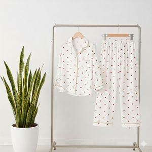 شومیز وشلوار ساتن ابریشم زنانه طرح قلب قرمز