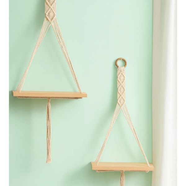 دیوارکوب شلف چوبی مکرومه. ارت بیوتی