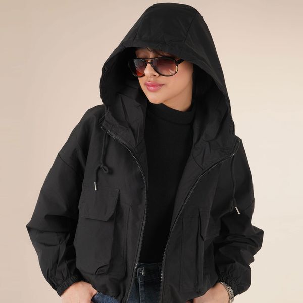 بامبر بارانی کلاه دار مشکی پاد