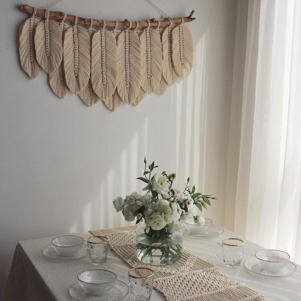 ست رانر میز مکرومه بافی همراه دیوار کوب برگ مدل اسو