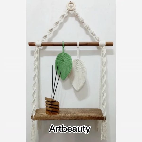 اویز شلف چوبی مکرومه با برگ