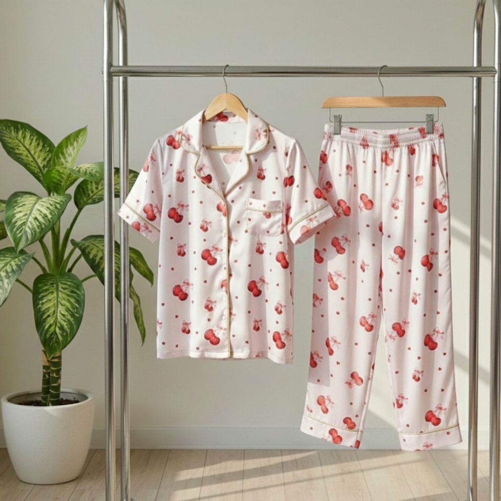 خرید انلاین شومیز وشلوار ساتن ابریشم زنانه طرح گیلاس