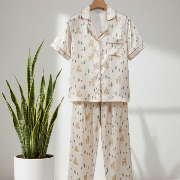 شومیز وشلوار ساتن ابریشم زنانه طرح آهو