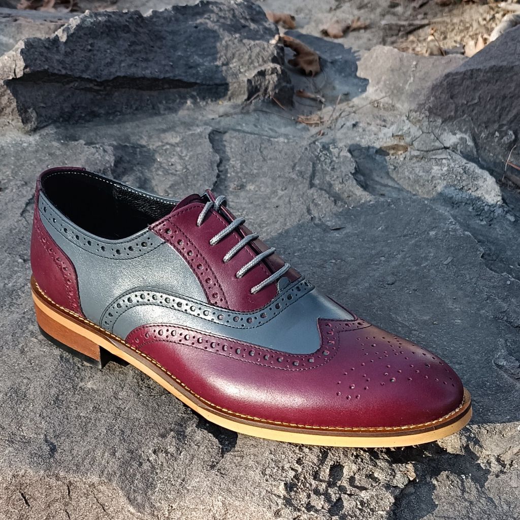 مشخصات کفش مردانه مجلسی چرم طبیعی دستدوز مدل نیلسون زرشکی طوسی