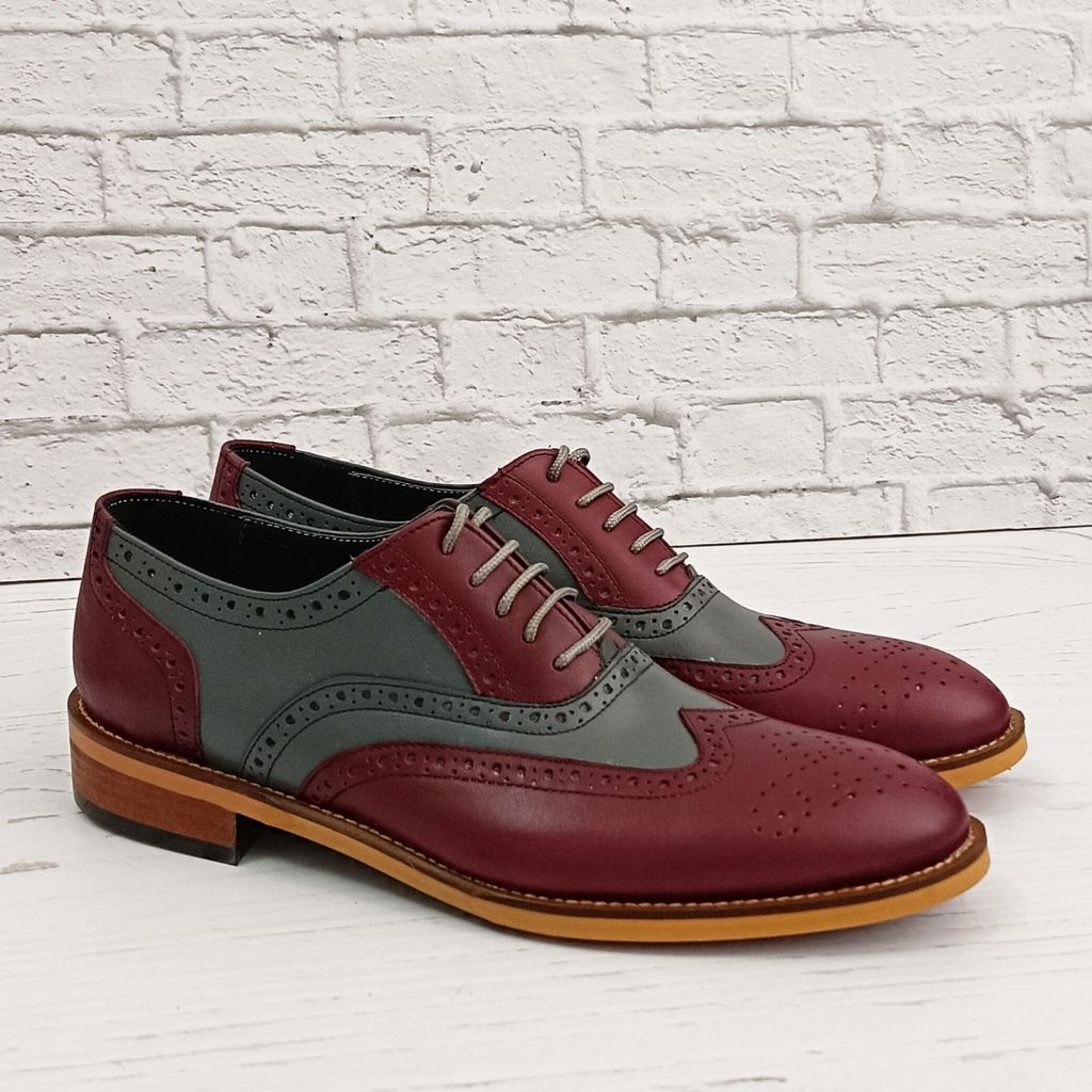 فروش اینترنتی کفش مردانه مجلسی چرم طبیعی دستدوز مدل نیلسون زرشکی طوسی