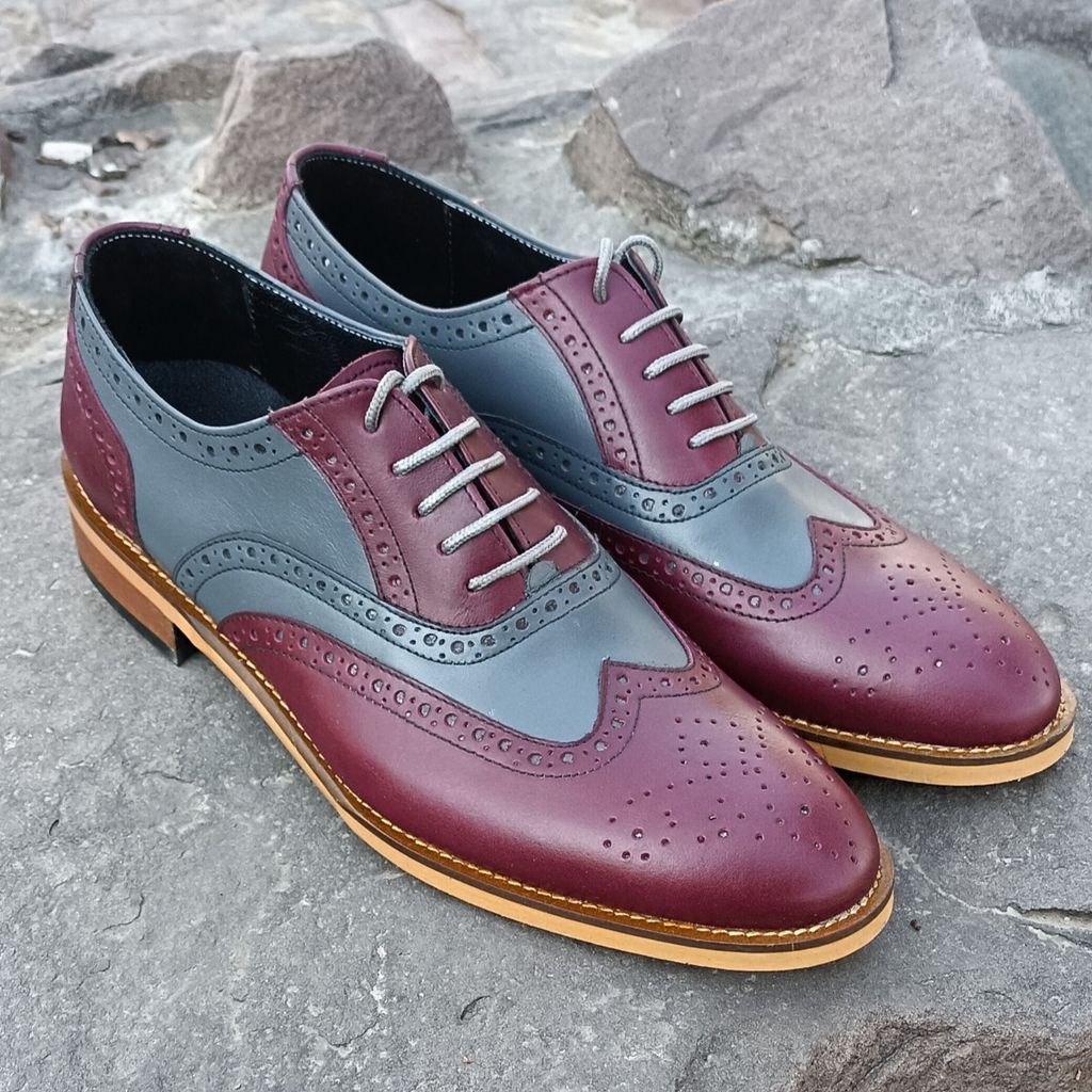 فروش اینترنتی کفش مردانه مجلسی چرم طبیعی دستدوز مدل نیلسون زرشکی طوسی