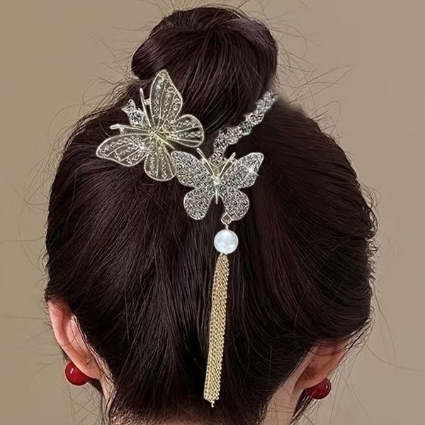 گیره گوجه ای پروانه نگینی آویزدار (طلایی)