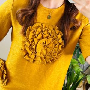 خرید آنلاین پیراهن کتان خردلی گل