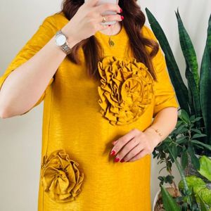 فروش اینترنتی پیراهن کتان خردلی گل