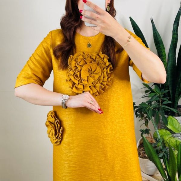 پیراهن کتان خردلی گل