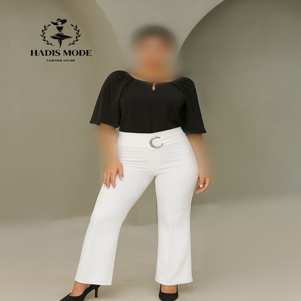 شلوار زنانه سفید کمربند دار دمپا گشاد