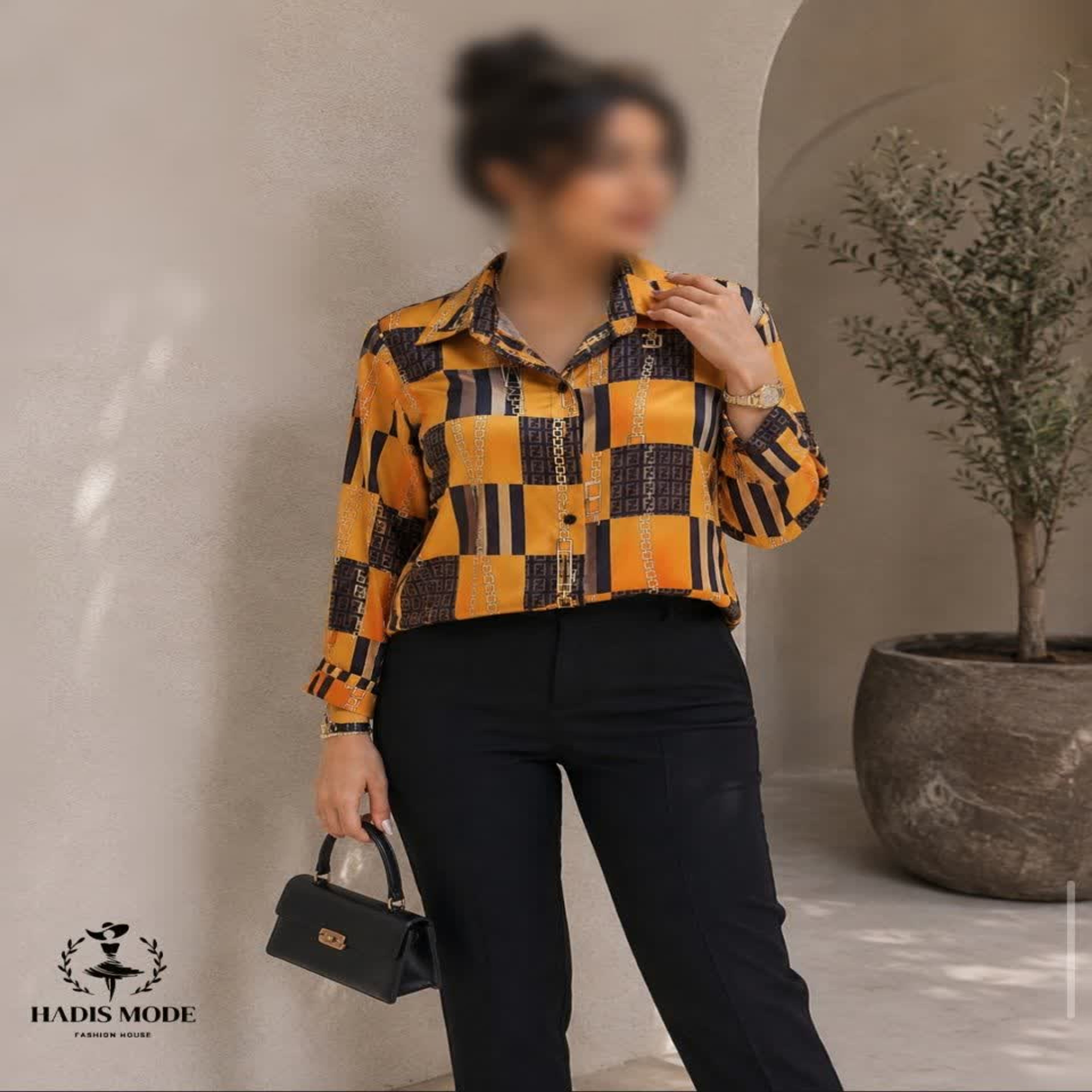 خرید اینترنتی قیمت شومیز زنانه مجلسی ساتن الیکس طرح فندی سایز بزرگ