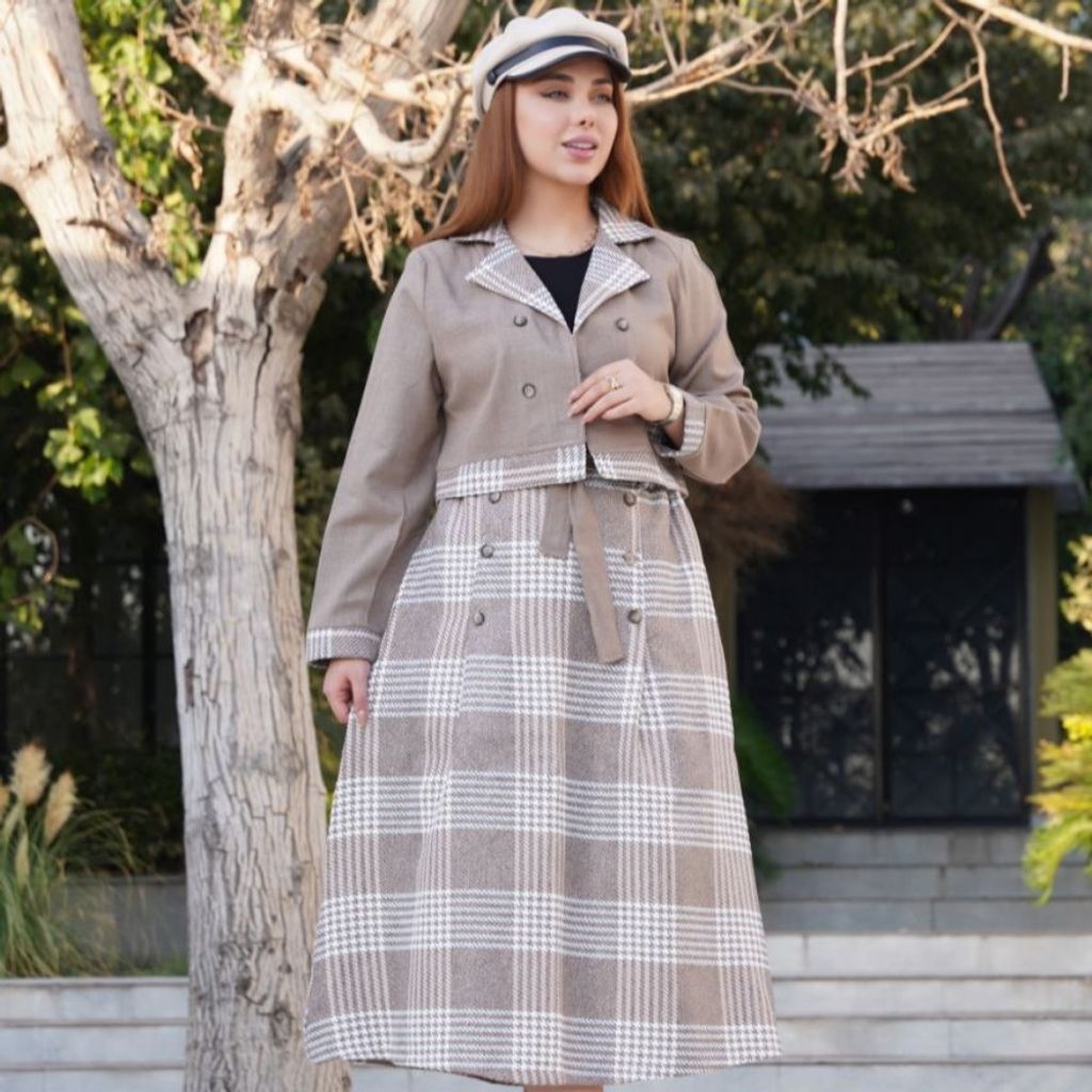 خرید آنلاین کت و دامن پیچازی پاییزه طوسی شیک زنانه و دخترانه